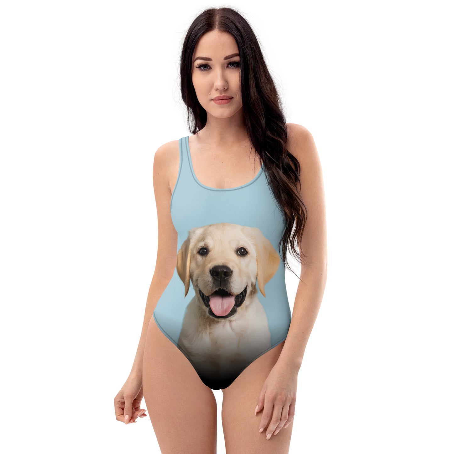 Yellow Labrador Retriever Puppy Women's One-Piece Swimsuit (Pastel Blue)