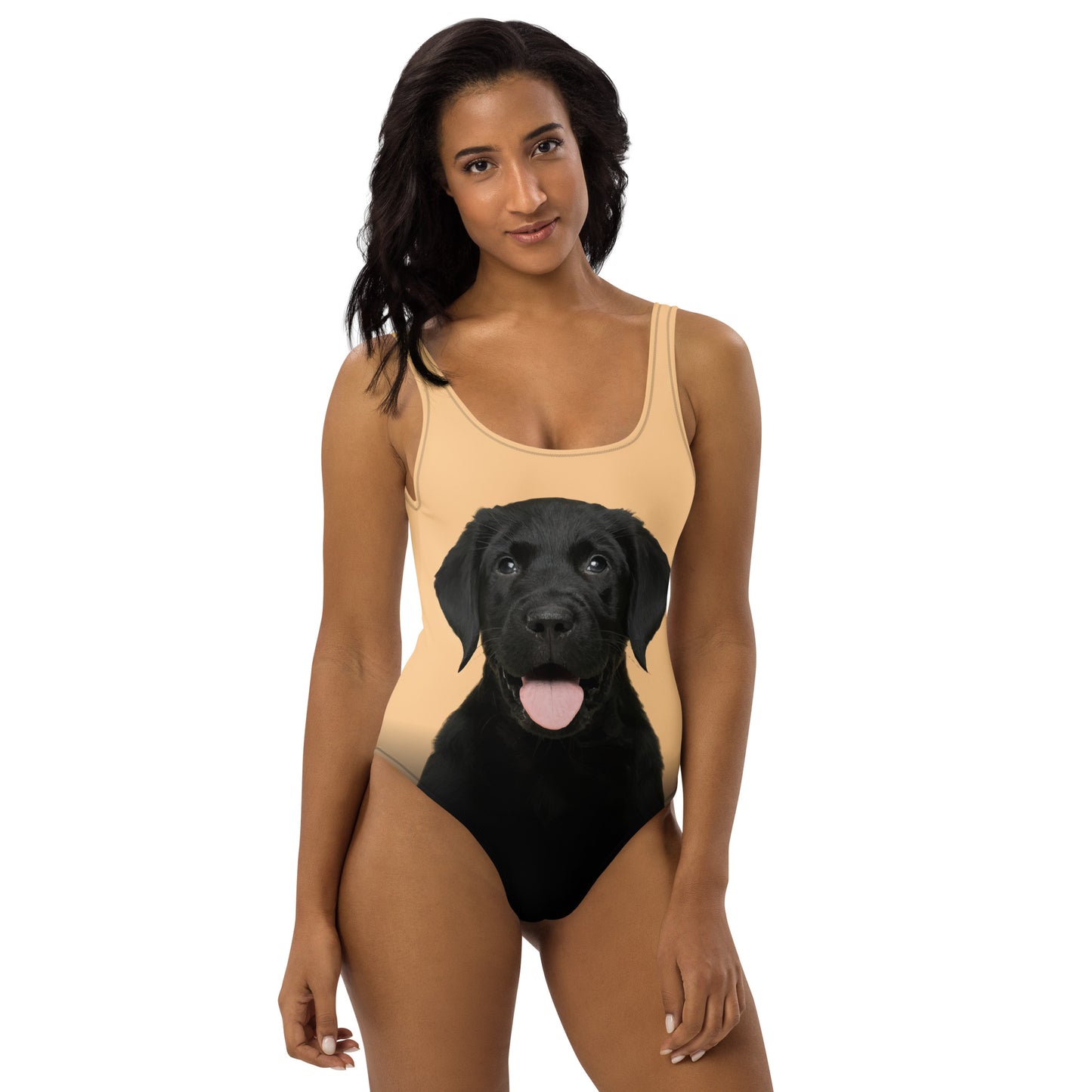 Black Labrador Retriever Puppy Women's One-Piece Swimsuit (Pastel Peach)
