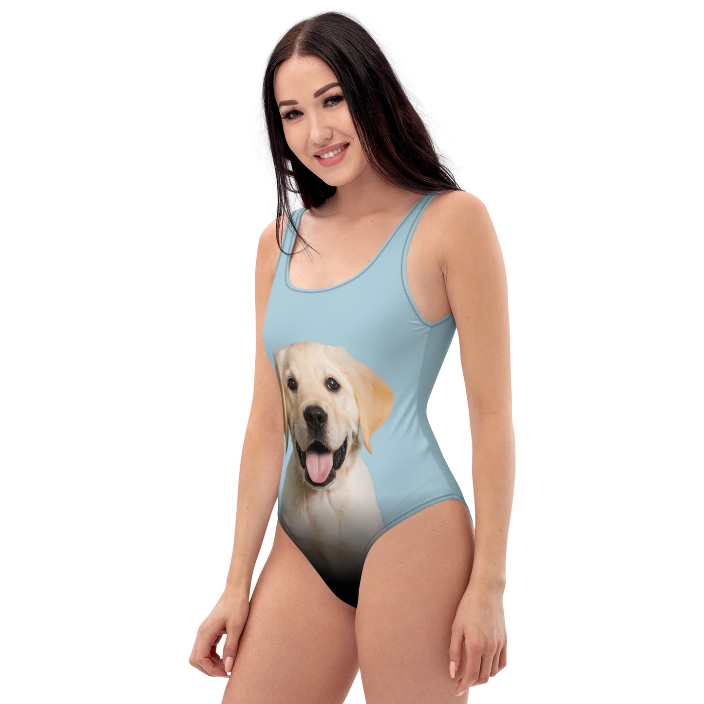 Yellow Labrador Retriever Puppy Women's One-Piece Swimsuit (Pastel Blue)