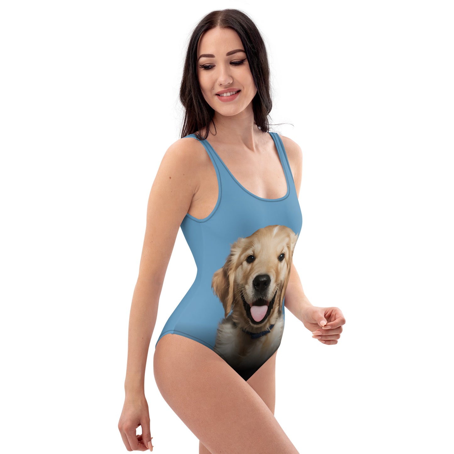 Golden Retriever Puppy Women's One-Piece Swimsuit (Blue)