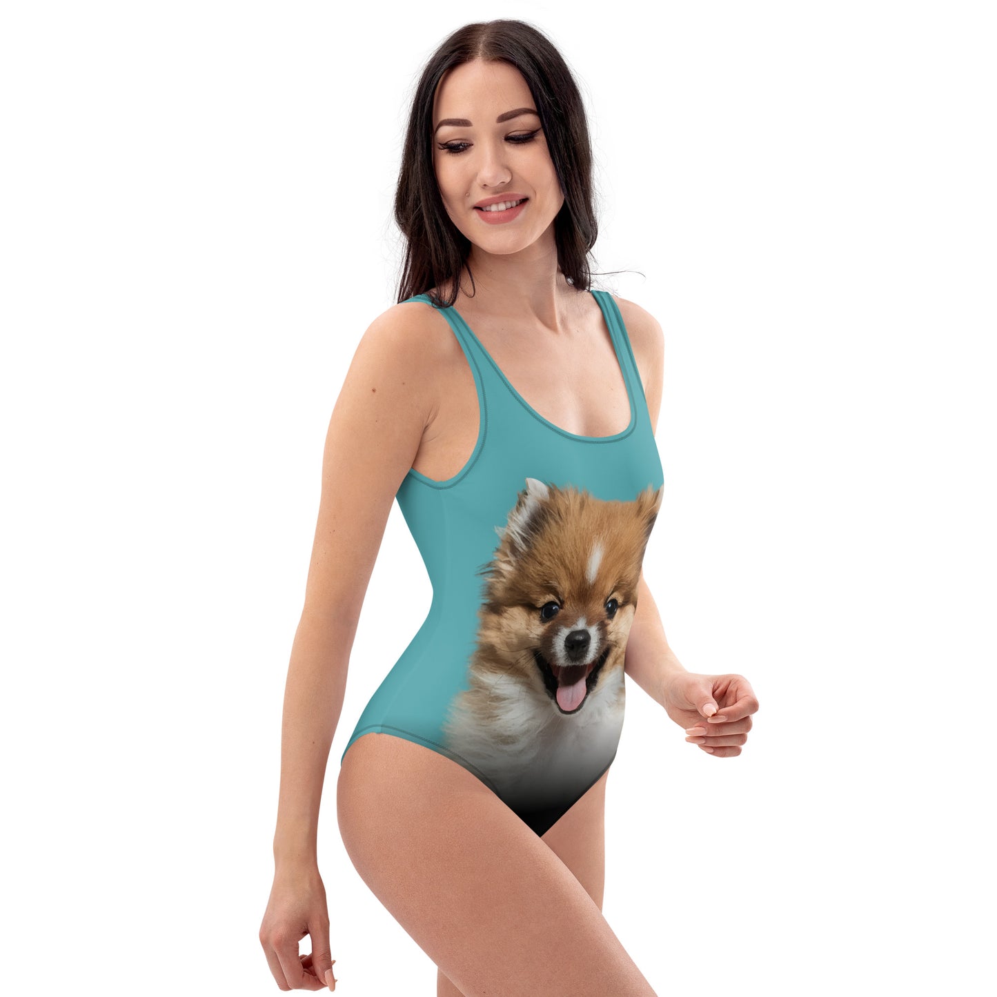 Pomeranian Puppy Women's One-Piece Swimsuit (Atoll Aqua)