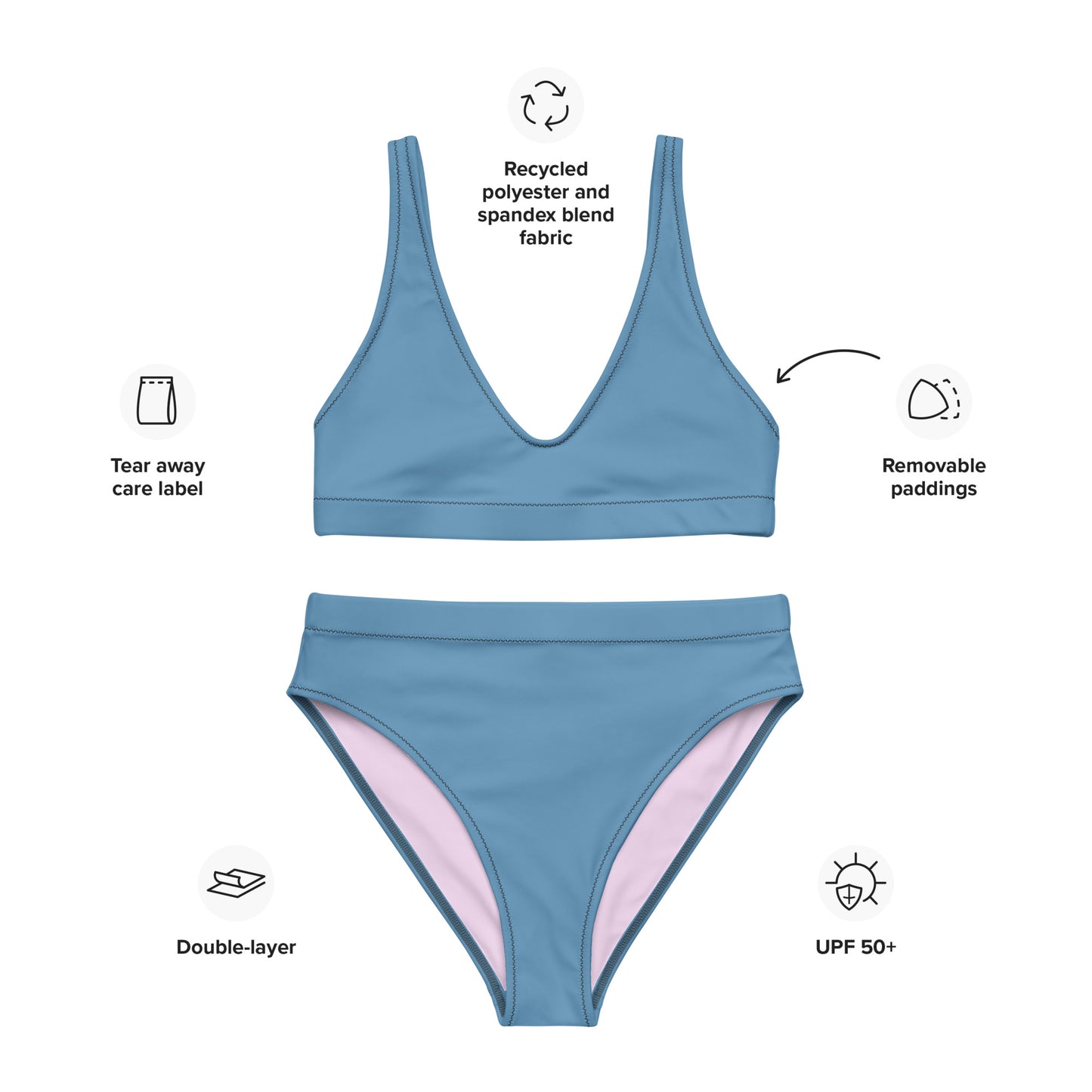 Classic Solid Color Women's Eco High-Waisted Bikini (Butterfly Blue)
