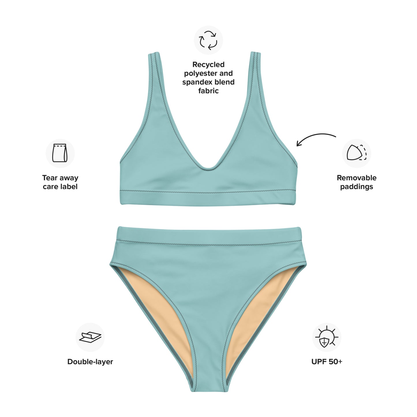 Classic Solid Color Women's Eco High-Waisted Bikini (Pale Cerulean)