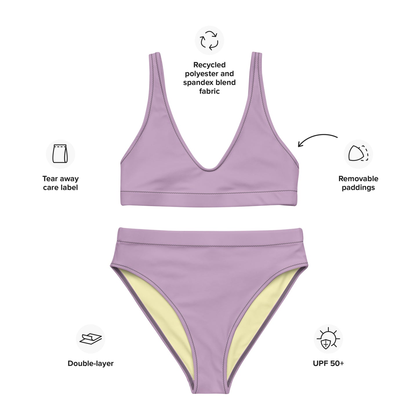 Classic Solid Color Women's Eco High-Waisted Bikini (Pastel Wisteria)