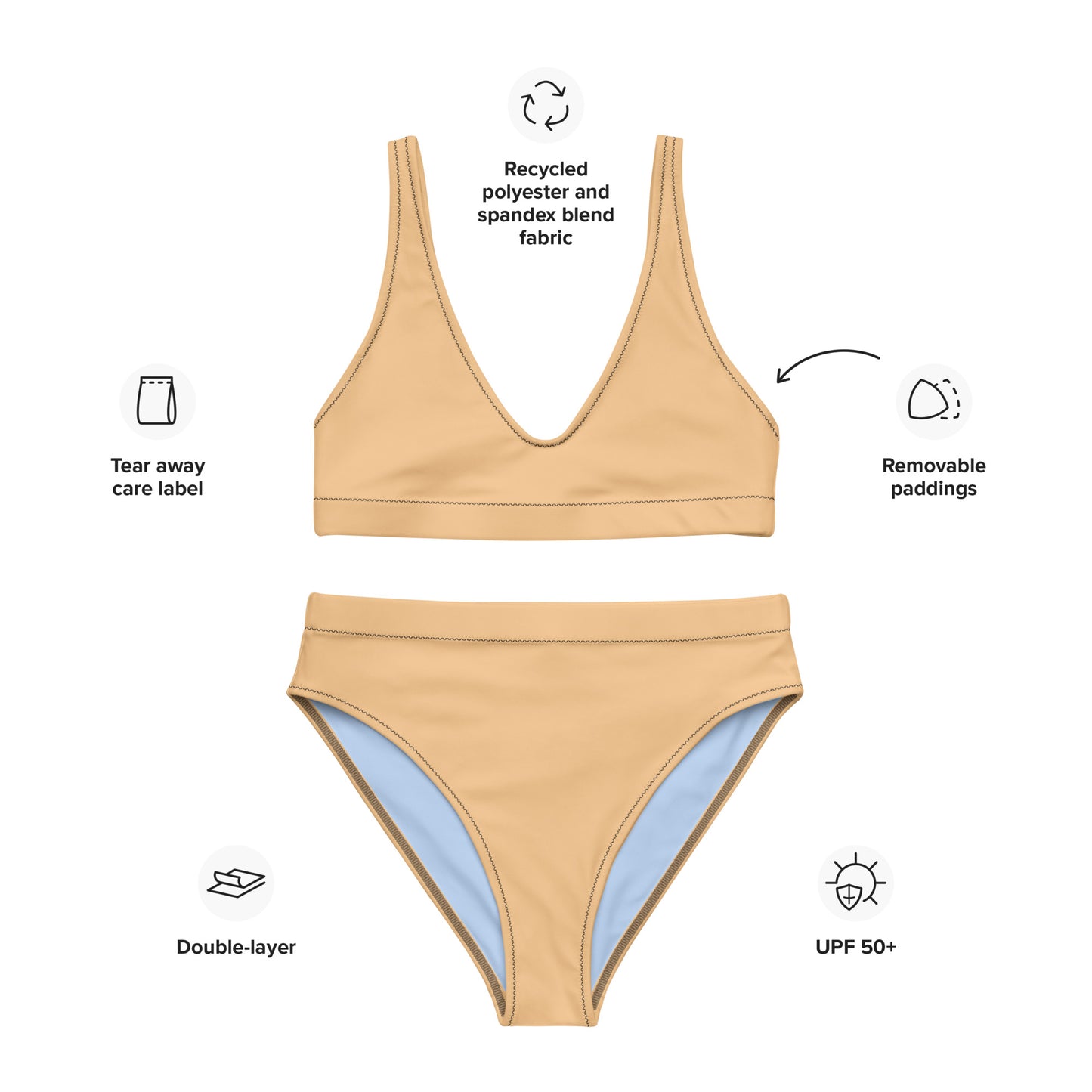 Classic Solid Color Women's Eco High-Waisted Bikini (Pastel Peach)