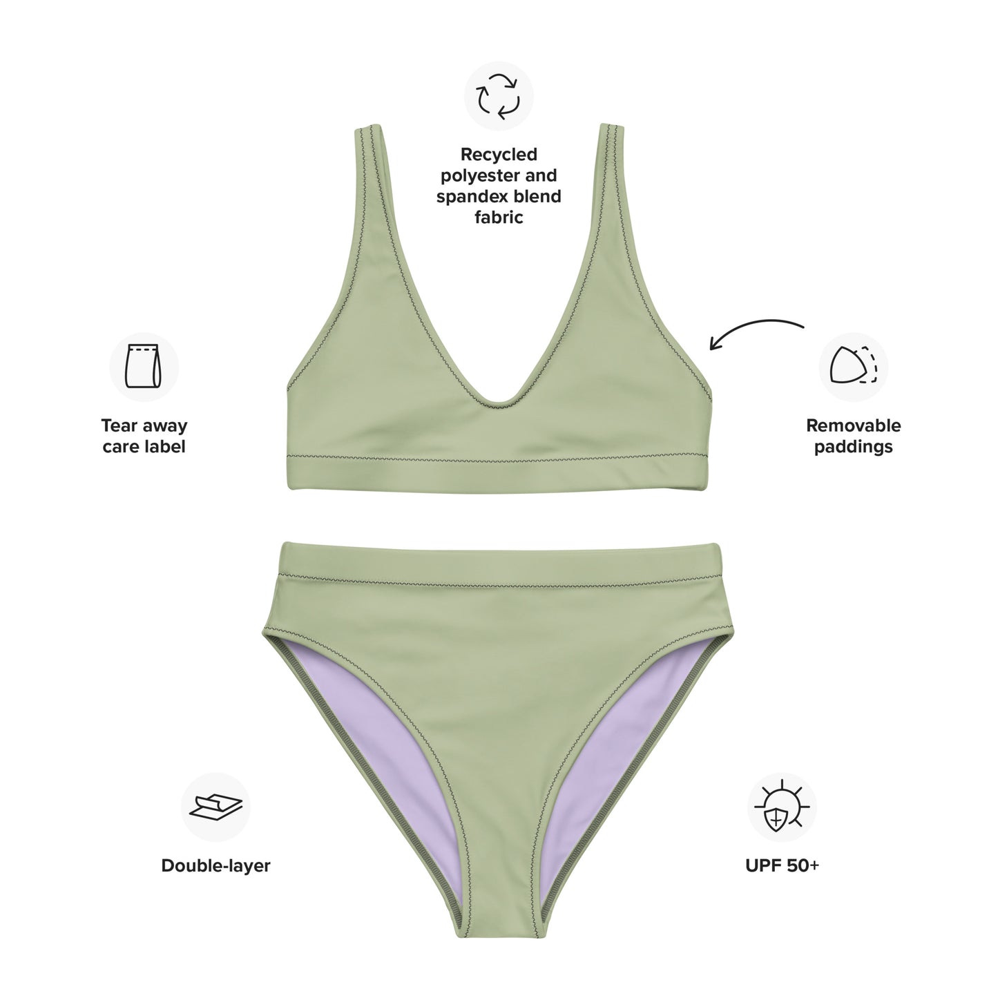 Classic Solid Color Women's Eco High-Waisted Bikini (Pastel Sage)