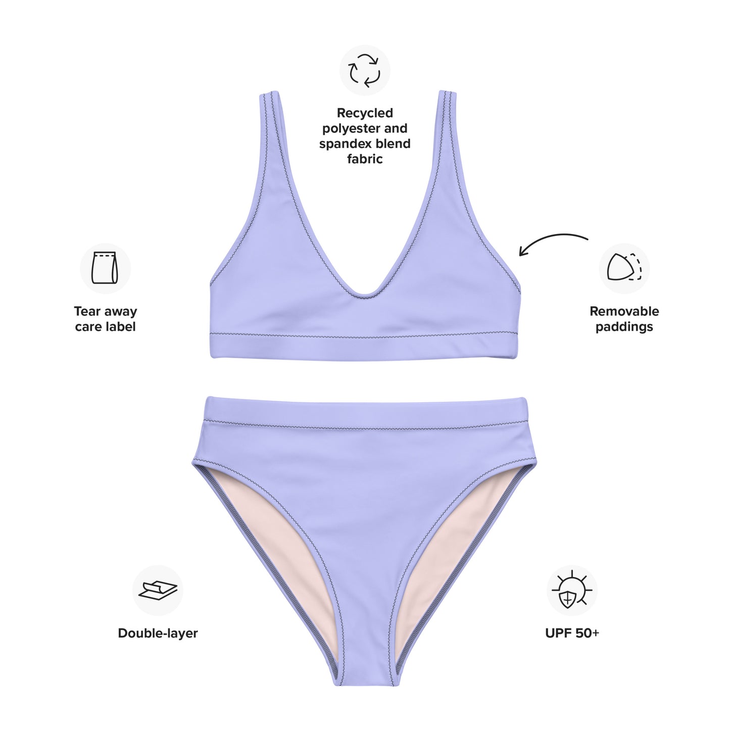 Classic Solid Color Women's Eco High-Waisted Bikini (Pale Periwinkle)