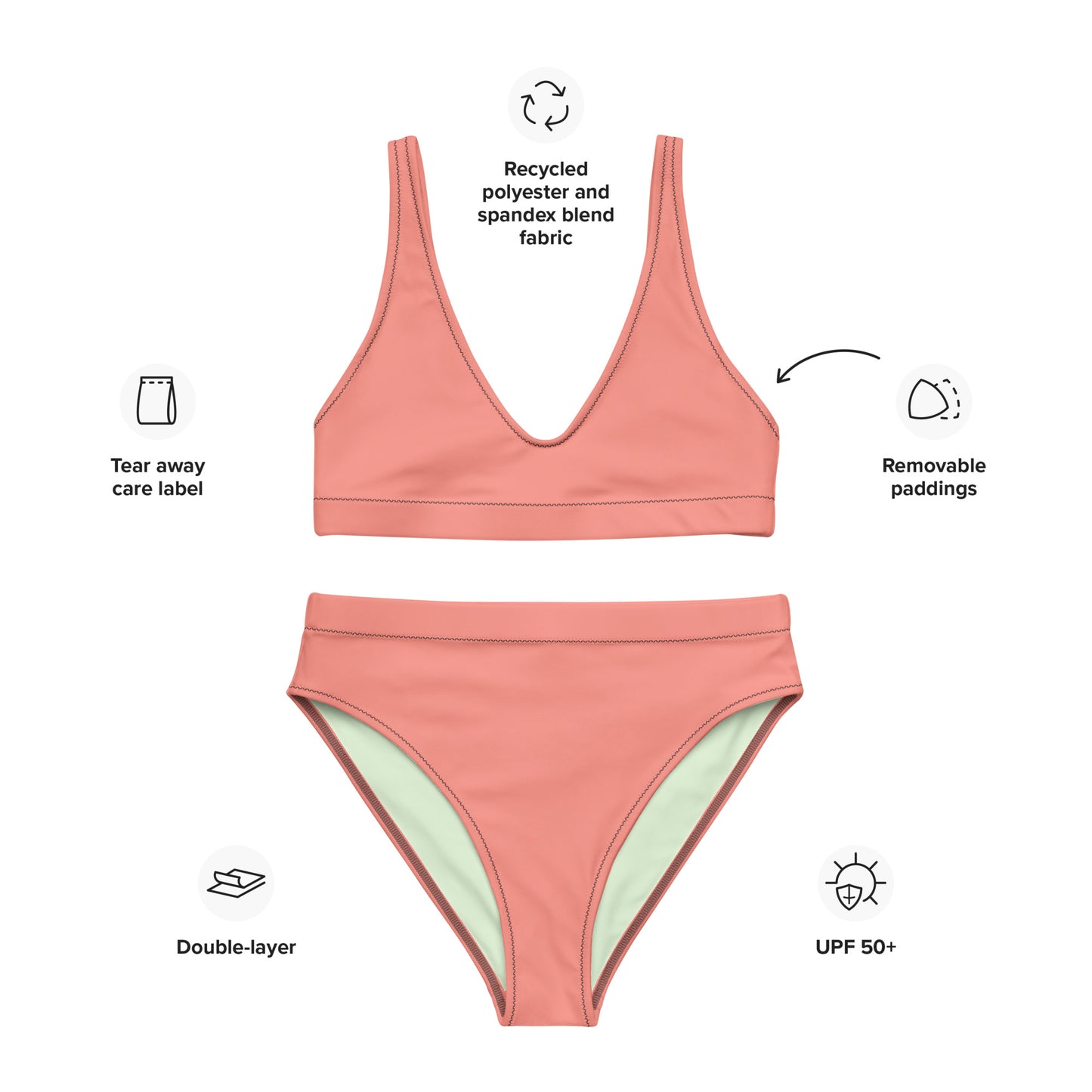 Classic Solid Color Women's Eco High-Waisted Bikini (Peachy Pink)