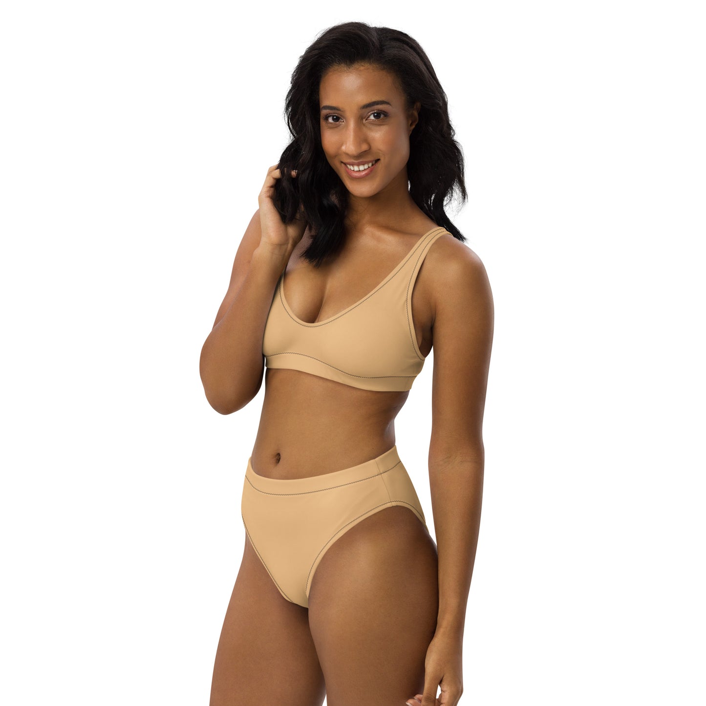 Classic Solid Color Women's Eco High-Waisted Bikini (Pastel Peach)