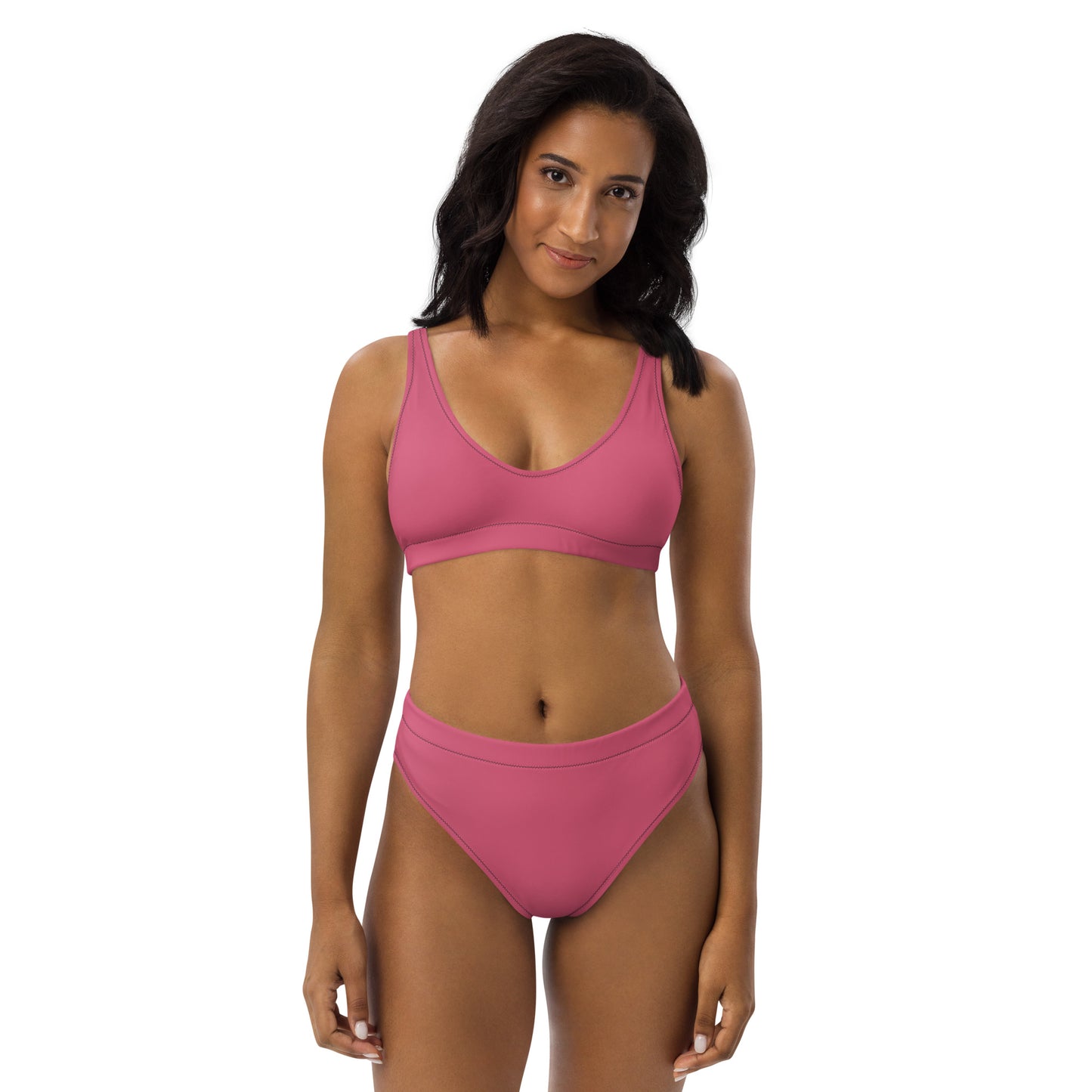Classic Solid Color Women's Eco High-Waisted Bikini (Raspberry Pink)