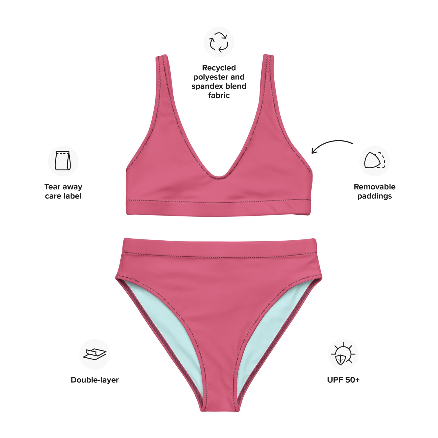 Classic Solid Color Women's Eco High-Waisted Bikini (Raspberry Pink)