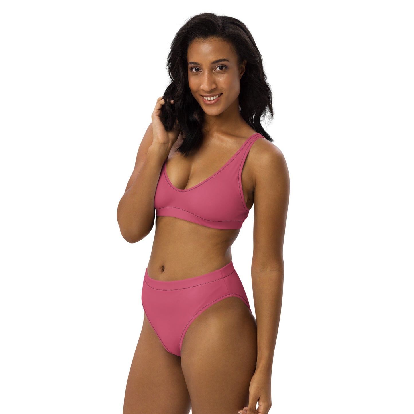 Classic Solid Color Women's Eco High-Waisted Bikini (Raspberry Pink)