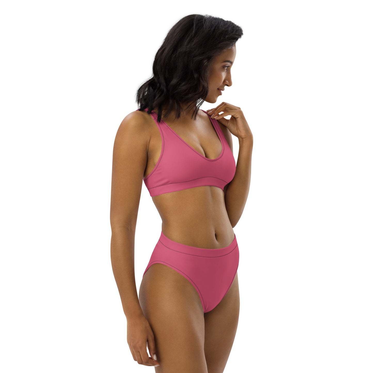 Classic Solid Color Women's Eco High-Waisted Bikini (Raspberry Pink)